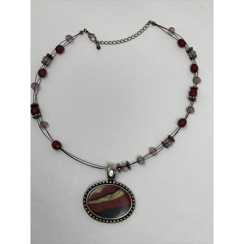 Pendant Necklace Signed HM Red Black Tan Oval with Beads Beaded - Picture 5 of 9